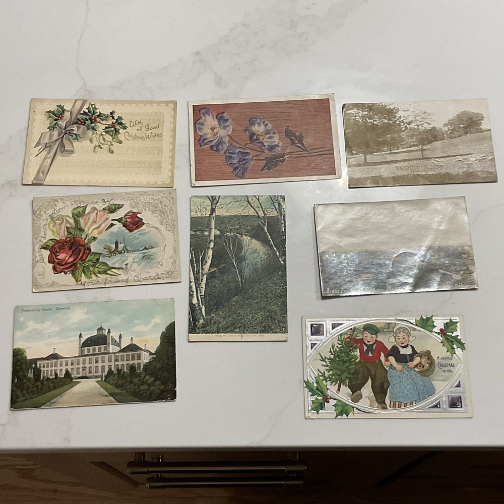 Antique Ephemera Postcards Lot Of 8 1908 Mailed 1 Cent Green Stamps Handwritten